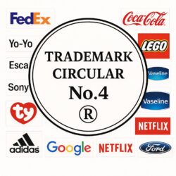 Circular trademark with 'TRADEMARK CIRCULAR No.4' in the center, surrounded by brand logos (FedEx, Coca-Cola, LEGO, Vaseline, Netflix, Ford, Google, Adidas, Ty, Sony, etc.).