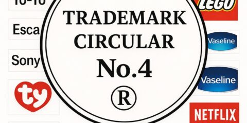 Circular trademark with 'TRADEMARK CIRCULAR No.4' in the center, surrounded by brand logos (FedEx, Coca-Cola, LEGO, Vaseline, Netflix, Ford, Google, Adidas, Ty, Sony, etc.).