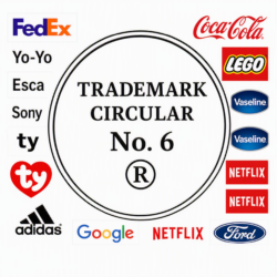 Large circular trademark symbol labeled 'TRADEMARK CIRCULAR No. 6' surrounded by brand logos (FedEx, Coca‑Cola, LEGO, Vaseline, Netflix, Ford, Google, Adidas, TY, Sony).