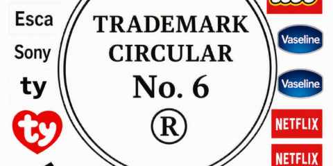 Large circular trademark symbol labeled 'TRADEMARK CIRCULAR No. 6' surrounded by brand logos (FedEx, Coca‑Cola, LEGO, Vaseline, Netflix, Ford, Google, Adidas, TY, Sony).