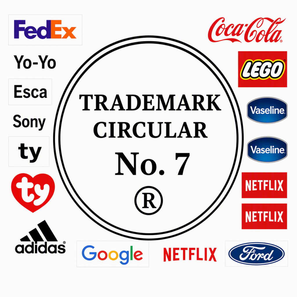 Brand logos arranged around a central circular 'Trademark Circular No. 7' seal (FedEx, Coca-Cola, LEGO, Vaseline, Netflix, Google, Ford, Adidas, TY, Sony, Eska, Yo-Yo).