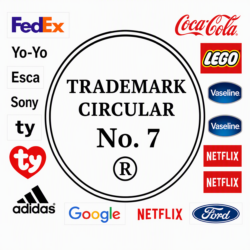 Brand logos arranged around a central circular 'Trademark Circular No. 7' seal (FedEx, Coca-Cola, LEGO, Vaseline, Netflix, Google, Ford, Adidas, TY, Sony, Eska, Yo-Yo).