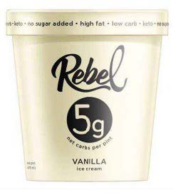 Rebel Vanilla ice cream pint showing 5g net carbs per pint and low-carb branding