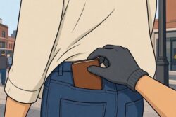 Gloved hand slips a brown wallet from the back pocket of a person wearing a beige shirt and blue jeans.