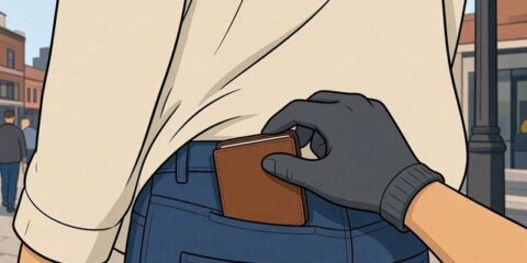 Gloved hand slips a brown wallet from the back pocket of a person wearing a beige shirt and blue jeans.